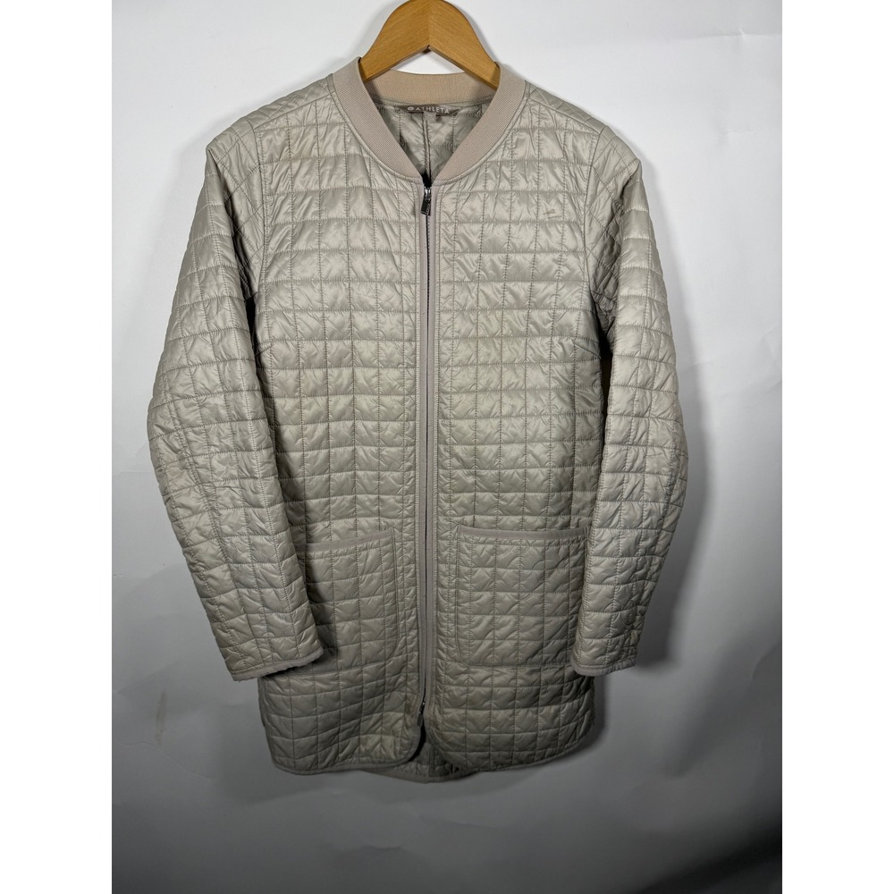 Athleta Womens Quilted Longline Bomber Jacket Beige Taupe‎ Full Zip XS RN 54023